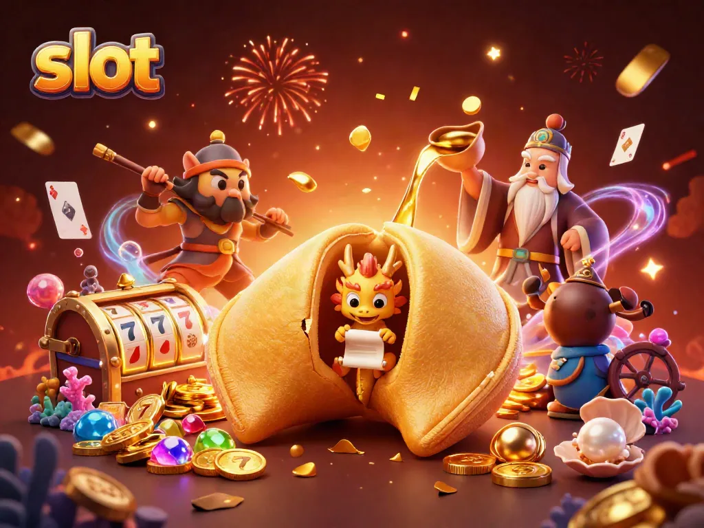 Permainan slot yang menarik dengan simbol keberuntungan dan suasana penuh warna dan detail di sekitar.