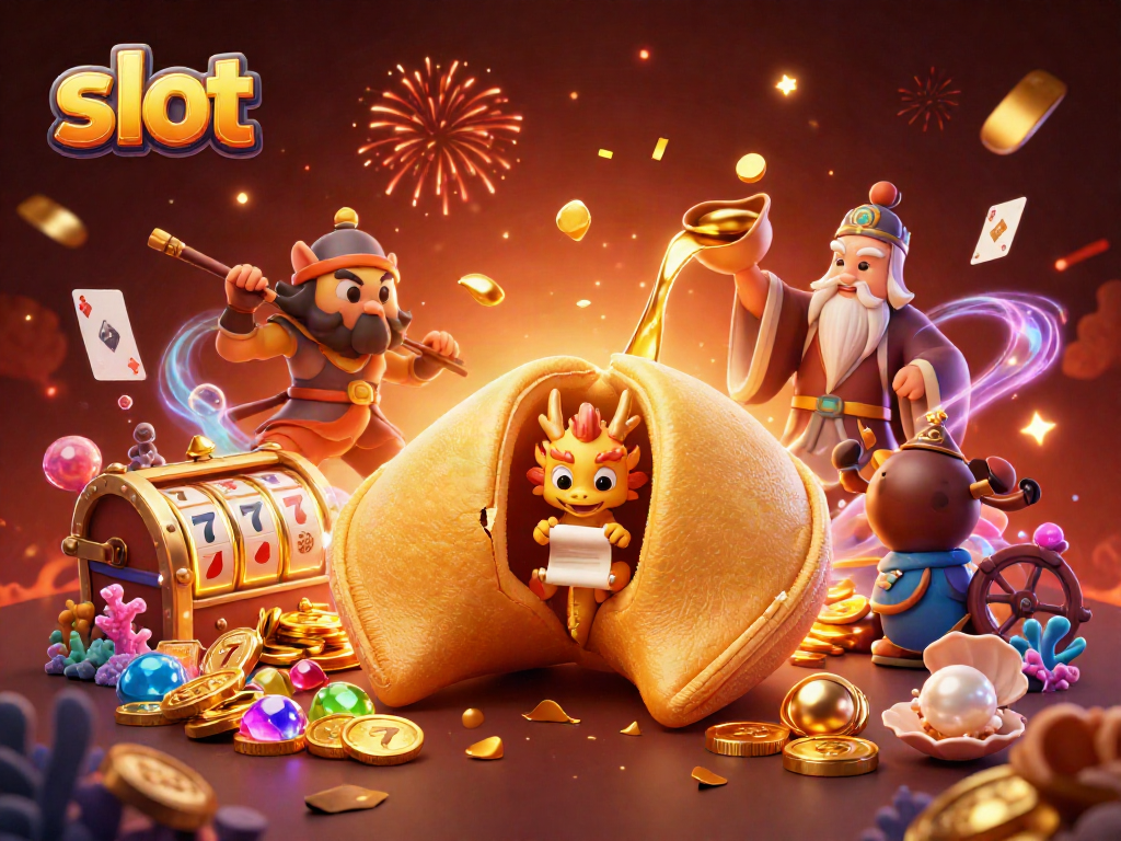 Permainan slot yang menarik dengan simbol keberuntungan dan suasana penuh warna dan detail di sekitar.