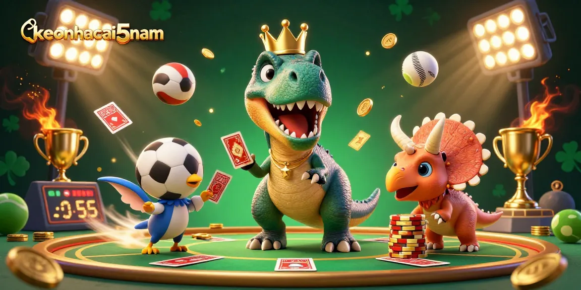 Engage in thrilling sports betting with the lively keonhacai5nam scene featuring a T-Rex and friends!