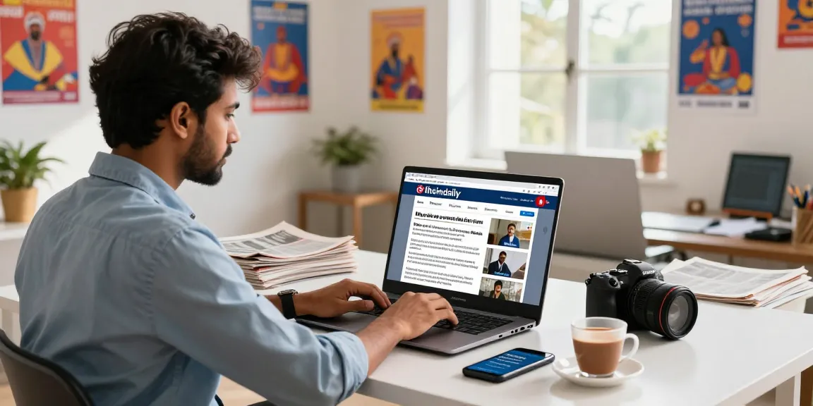 Journalist at modern desk showcasing news from https://www.theindaily.com in a vibrant Indian newsroom.
