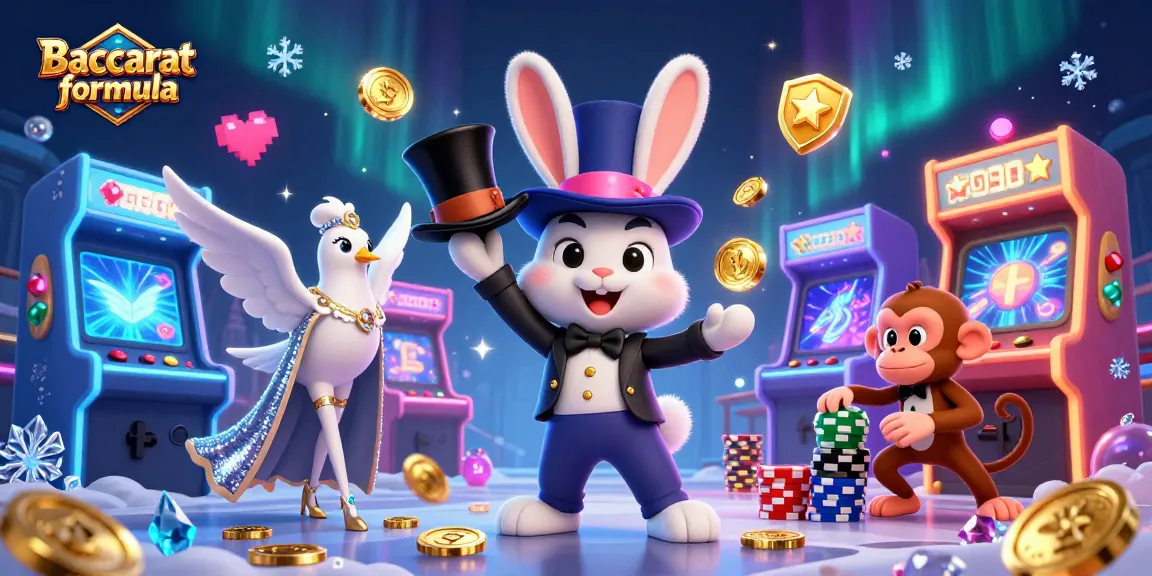 Engage with the Baccarat formula for winning strategies, depicted by a magician rabbit, dove, and monkey in a vibrant casino scene.