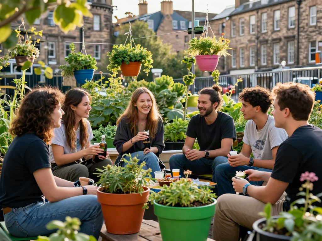 Weed Edinburgh community gathering in an urban garden, enjoying cannabis-infused treats and conversation.