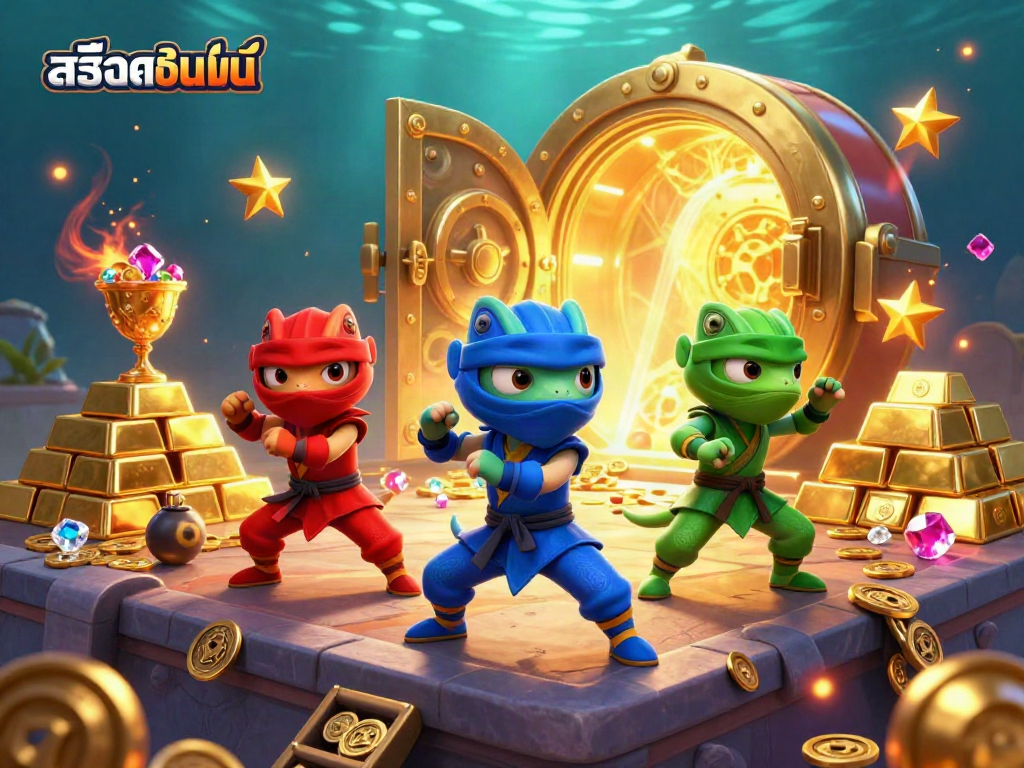แสดงภาพของทีมกิ้งก่าหมัดนินจา 3 ตัวที่สวมชุดหลากสี กำลังเล่นเกมสล็อตออนไลน์โดยเต็มไปด้วยทองคำและอัญมณี.