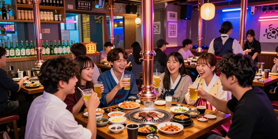 Enjoying a lively night at 상봉동 한국관나이트 bar with friends around a grill.