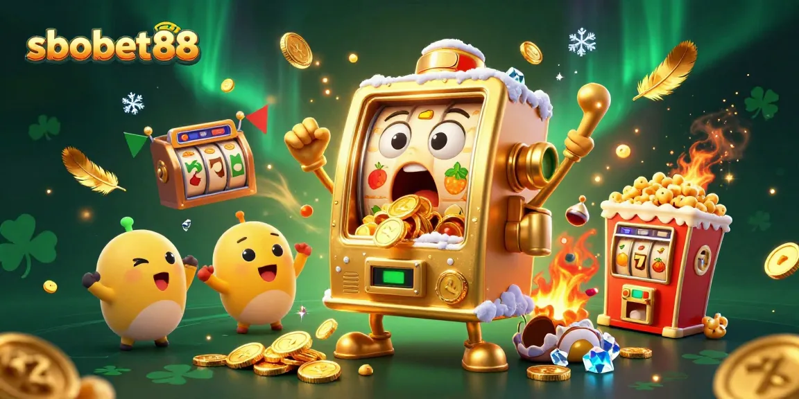 sbobet88 slots scene showcasing a golden slot machine hitting a jackpot with cheering baby slots and popcorn machine