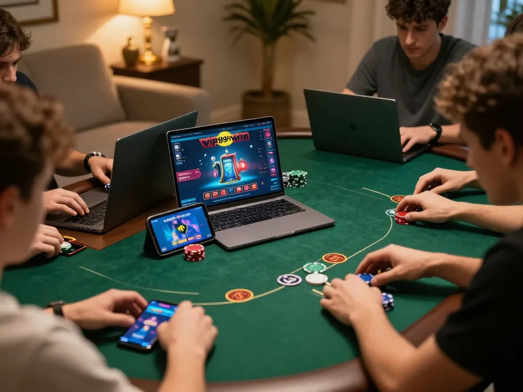 Engaging in an online poker game on vip99win, showcasing strategic betting and a cozy home atmosphere.