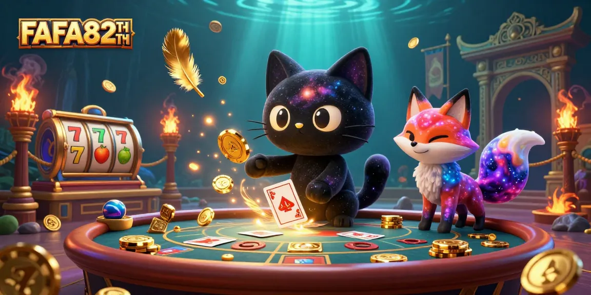 Engage with the cosmic casino experience at FAFA828TH featuring a black hole cat and colorful nebula fox.