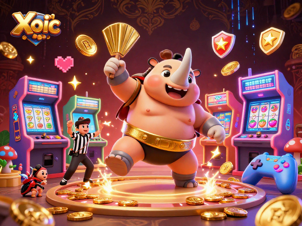 Xoi lac: A lively casino illustration featuring a sumo beetle champion amidst flying coins and vibrant arcade elements.