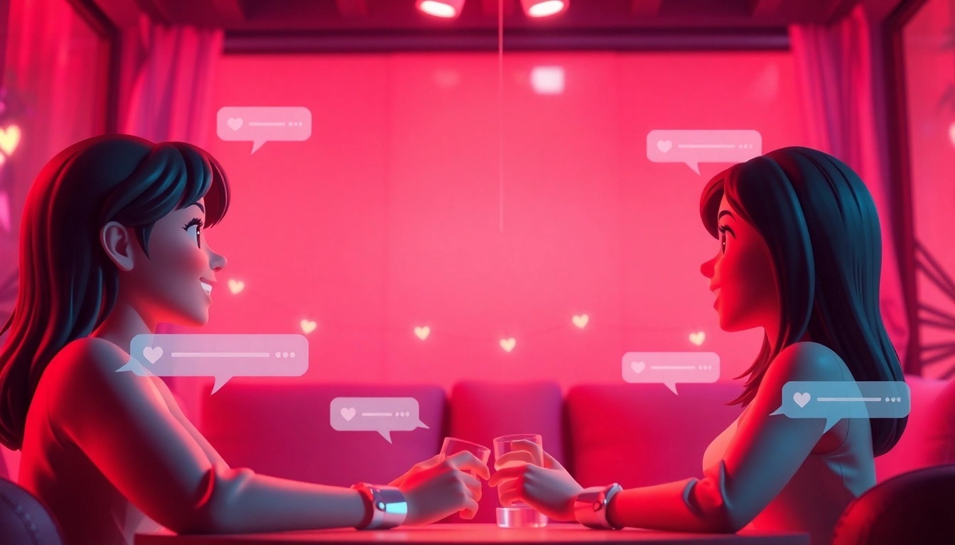 Dynamic interactive AI porn chat room with animated characters engaging in intimate conversation.