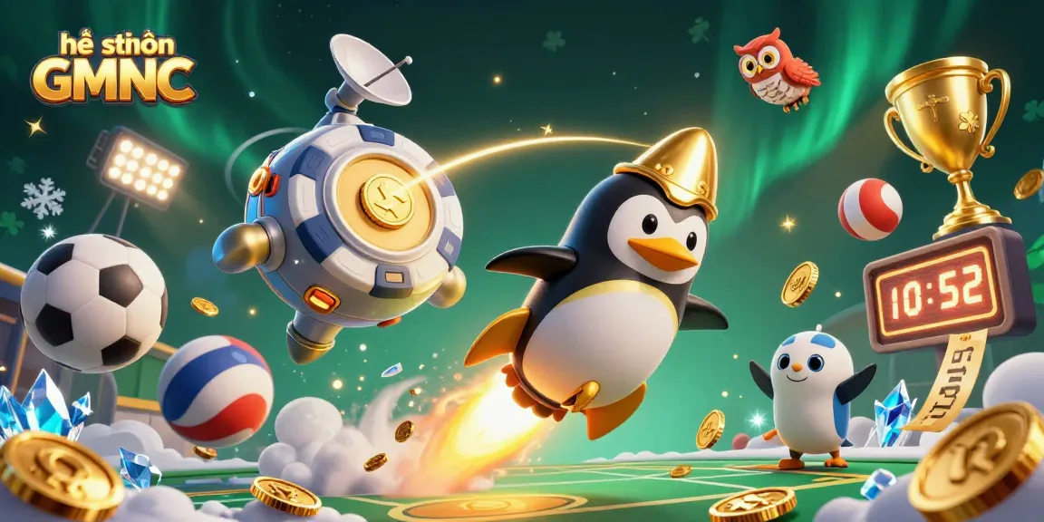 Engage with the thrilling hệ thống GMNC featuring a golden penguin racing through a vibrant casino cosmos.