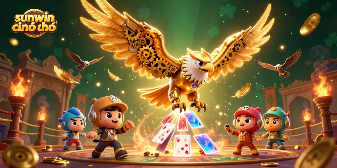 Experience thrilling action with sunwin chính chủ in this vibrant 3D casino scene featuring golden eagle and playing cards.