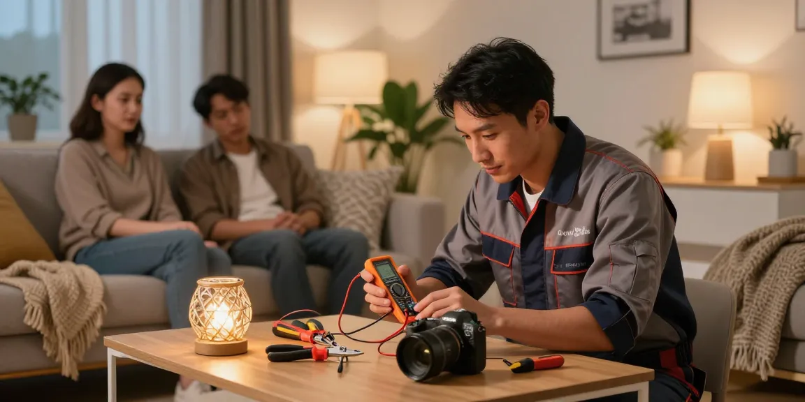 A reliable 24 hour electrician troubleshooting at home, surrounded by tools, reassuring family members with warm lighting.