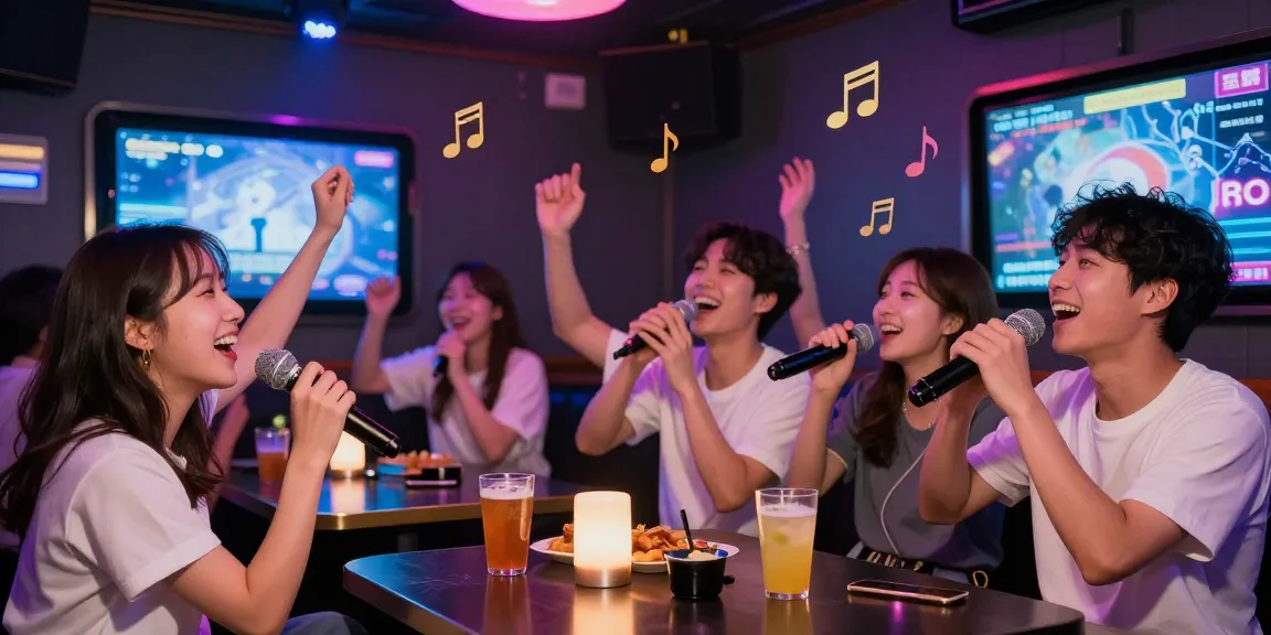 Engaging 제주유흥 nightlife scene at a Jeju karaoke bar with lively patrons singing and enjoying drinks in colorful ambiance.