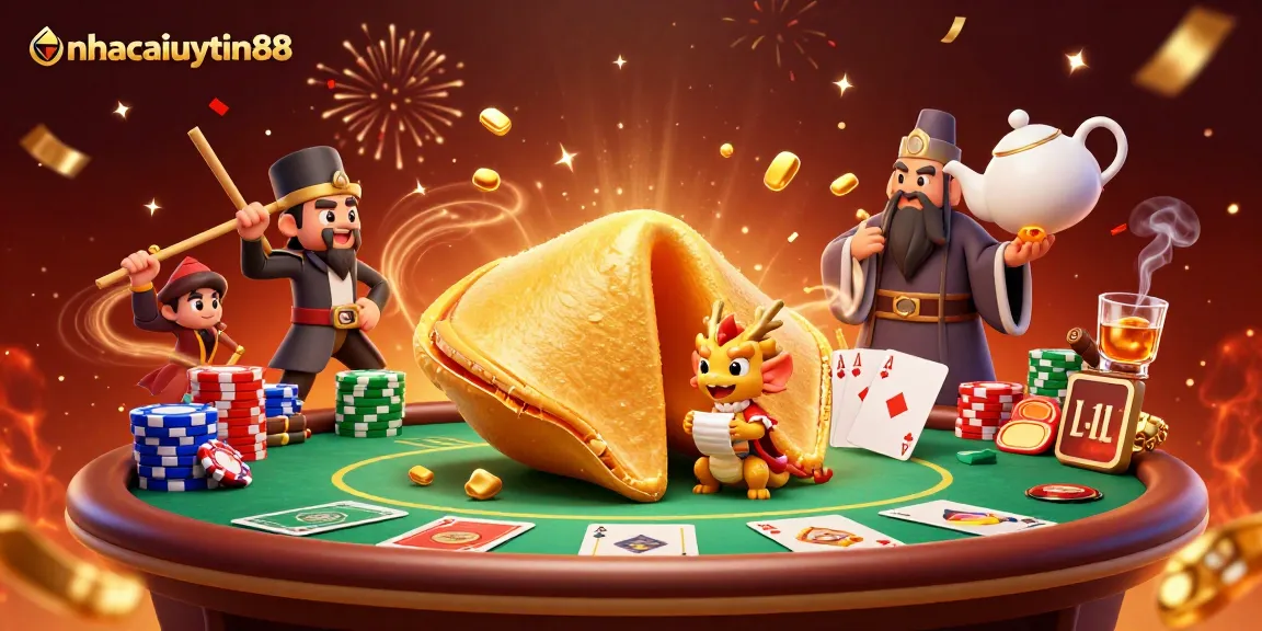 Engage with exciting gaming elements at nhacaiuytin88, featuring a vibrant casino scene with fortune cookie characters.