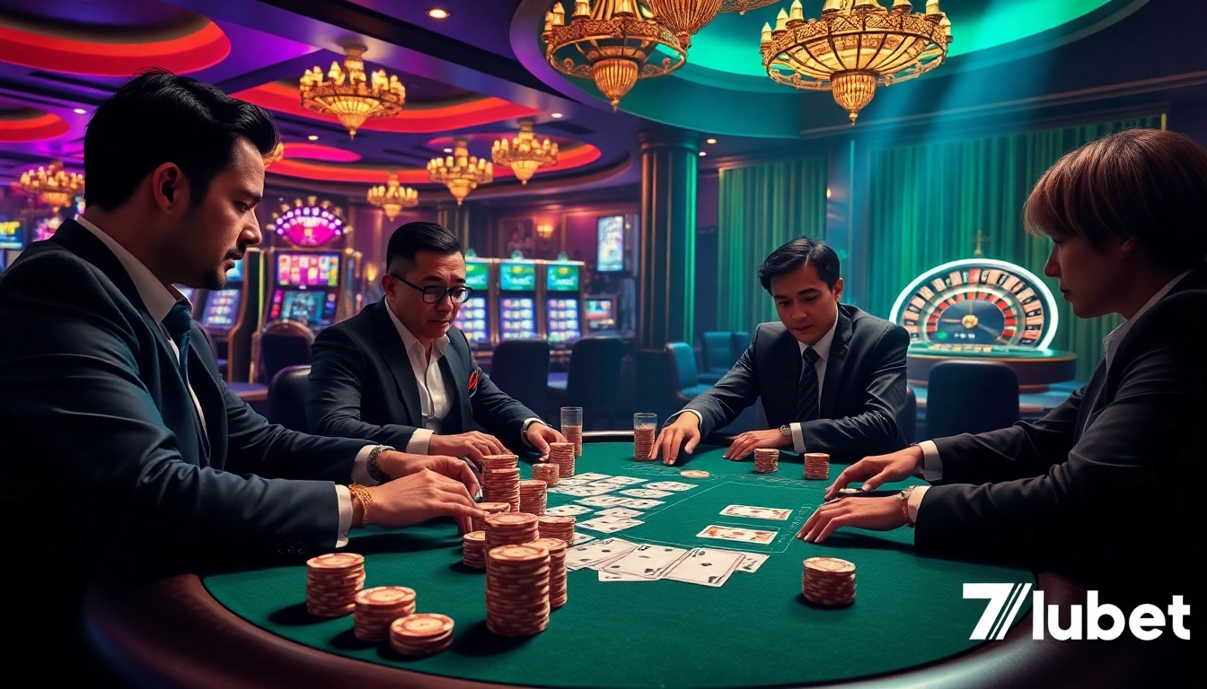 Experience the thrill of poker at 7upbet with luxurious chips and cards in a casino setting.