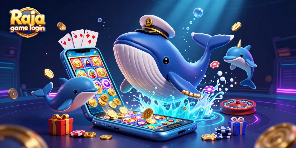 Play games and win with Raja game login, featuring a cartoon whale and playful dolphins in a vibrant gaming scene.