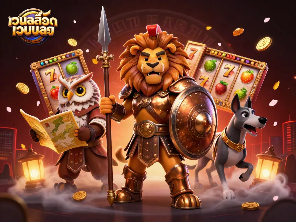 การเล่น เกมสล็อต กับ เว็บสล็อตเว็บตรง แสดงสัญลักษณ์ที่มีสีสันและภาพการต่อสู้ที่น่าตื่นเต้น