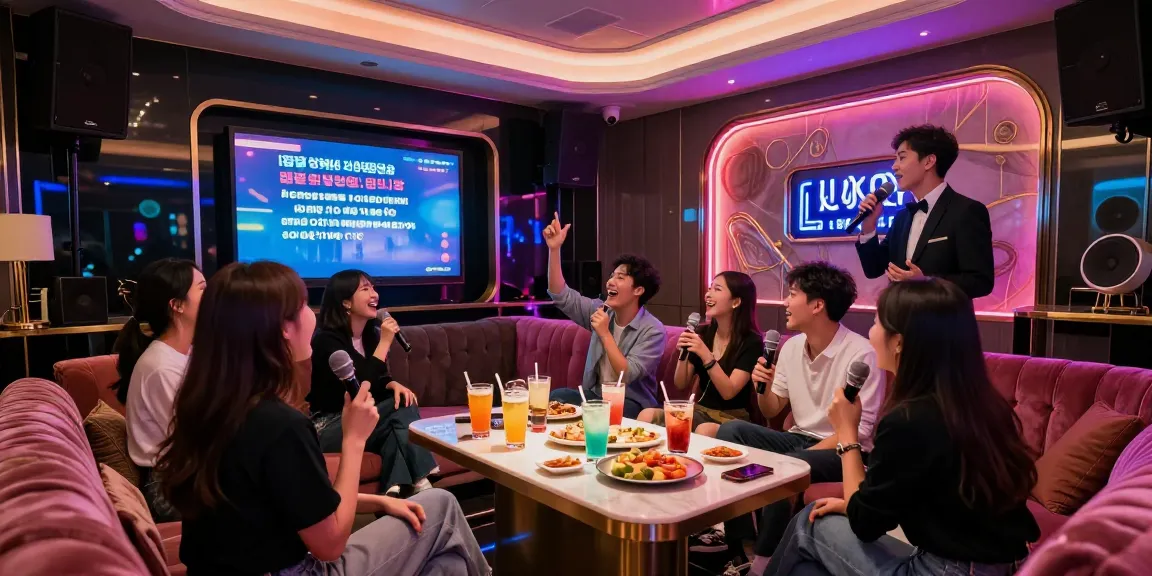 Enjoying premium drinks and karaoke in a luxurious Gangnam 가라오케 lounge with vibrant ambiance and stylish decor.