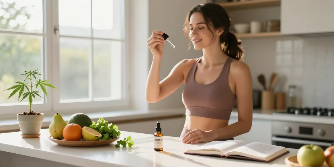 muha med CBD oil being taken in a bright kitchen with natural wellness elements.