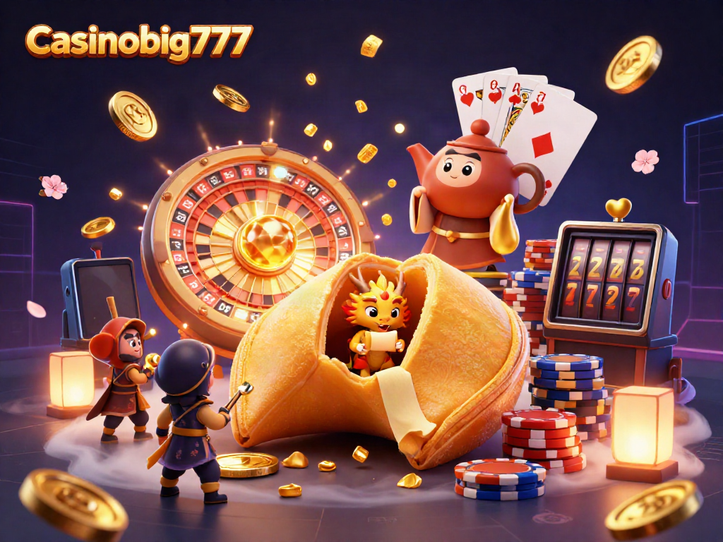 Experience the thrill of casinobig777 with a dynamic scene of a golden fortune cookie, wise dragon, and casino elements