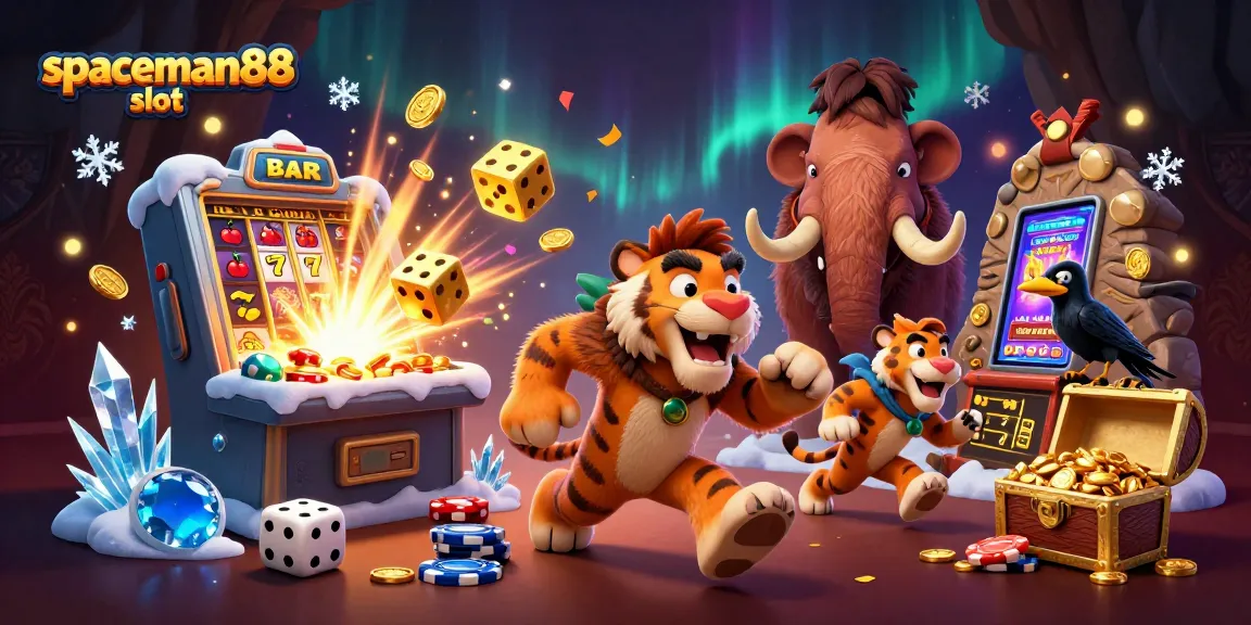 Experience the excitement of spaceman88 slot with cavemen and a sabertooth in a vibrant casino scene.
