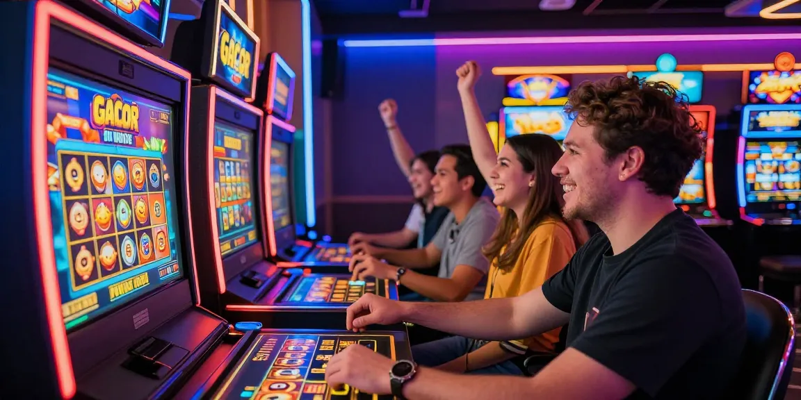 Players enjoying slot gacor games in a lively online gambling environment with vibrant colors and excitement.