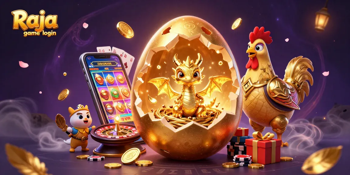 Experience Raja game login with a dragon and poker chips amidst dynamic casino elements in vibrant illustration.