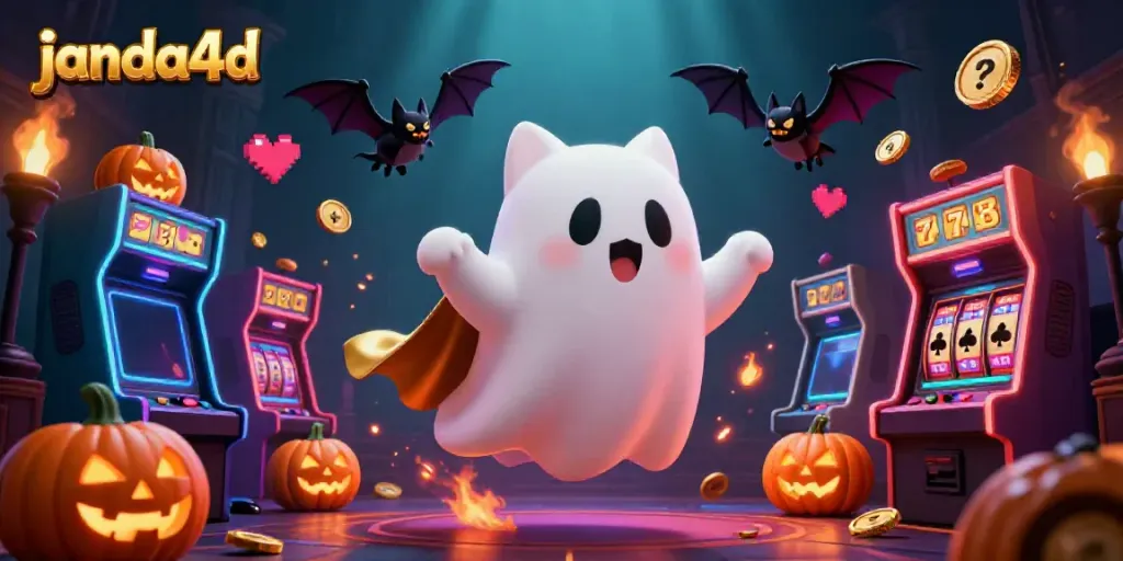 Permainan slot janda4d menampilkan kucing hantu dan kelelawar, dengan suasana kasino yang semarak.