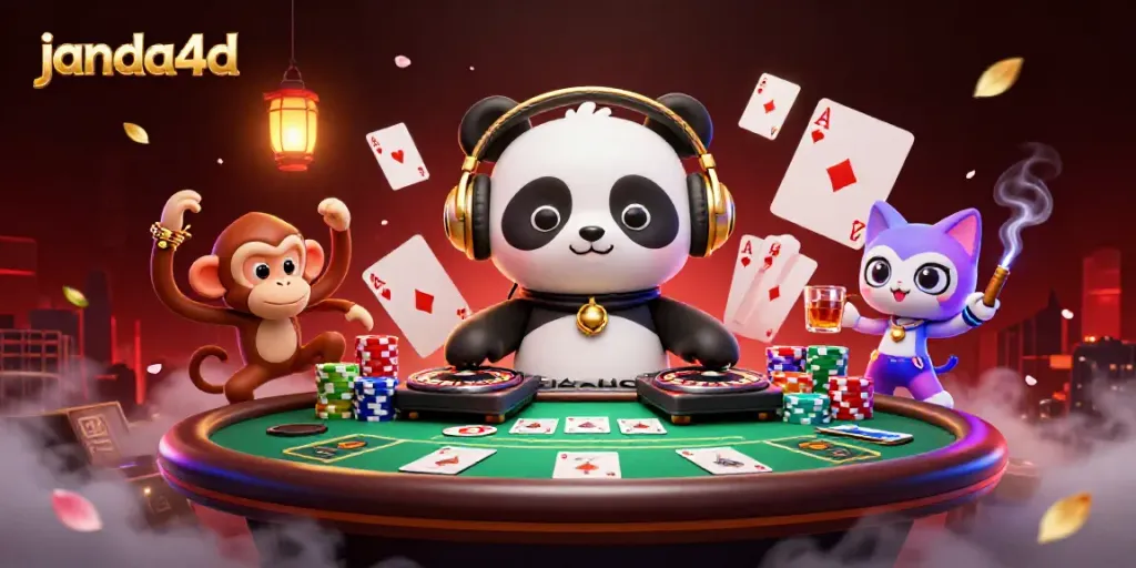 Janda4D menghadirkan DJ panda 3D yang memutar lagu di meja kasino bersama karakter hewan lainnya dalam suasana meriah.