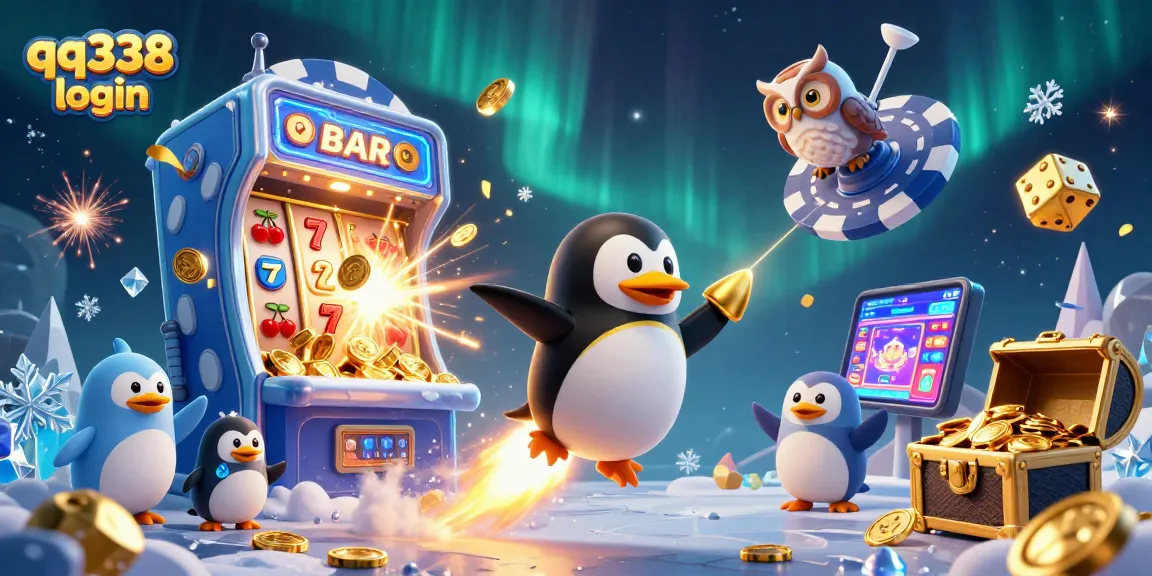 Experience the thrill of qq338 login for exciting online gaming with a golden penguin and casino space station.