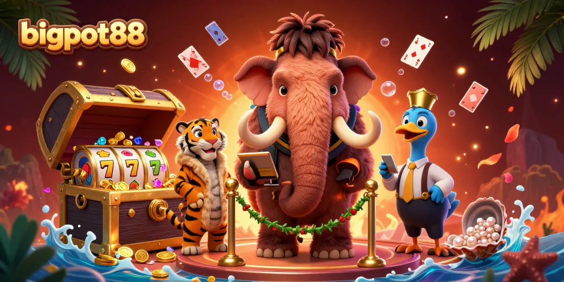 Experience bigpot88's exciting casino world with this vibrant 3D illustration featuring unique characters and slot elements.