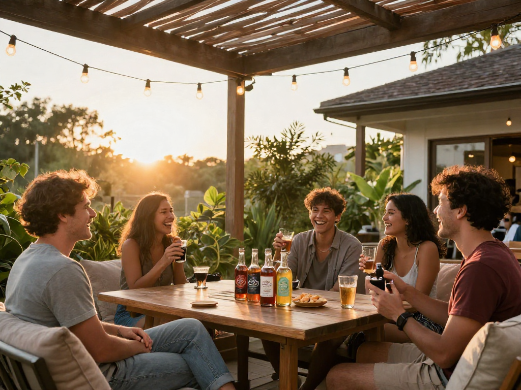 Order weed online with premium CBD oils and natural wellness snacks in a cozy outdoor gathering setting.