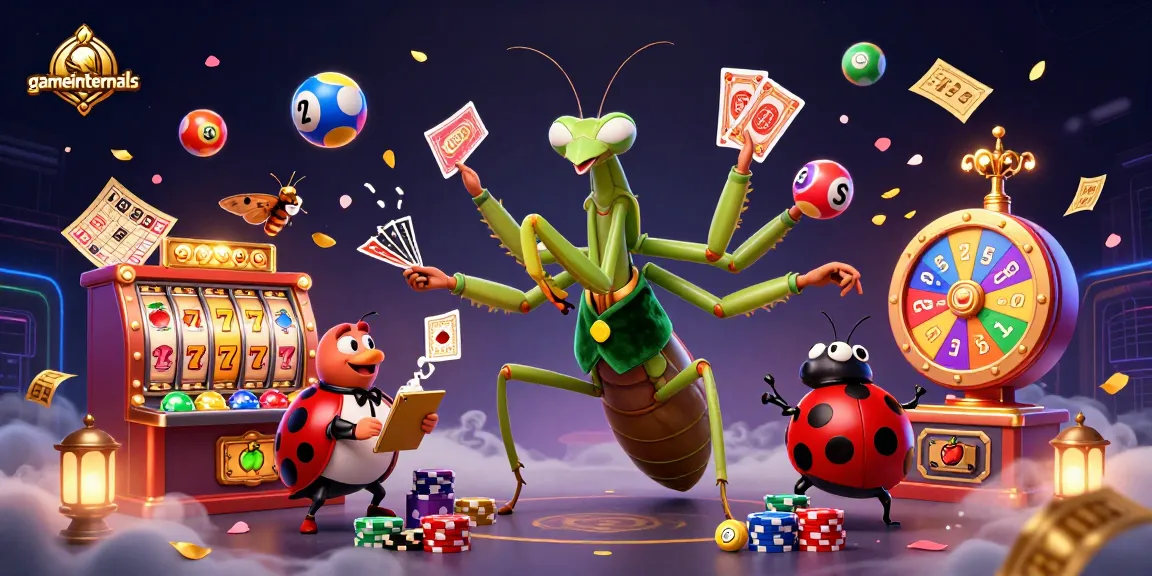 gameinternals engaging 3D casino scene featuring a giant mantis card sharp and ladybug pit boss.