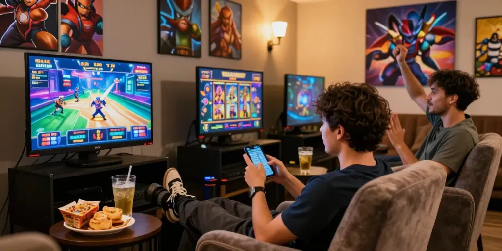 Engaging online gaming scene featuring luxury12 platform with players enjoying slot games in a cozy lounge.