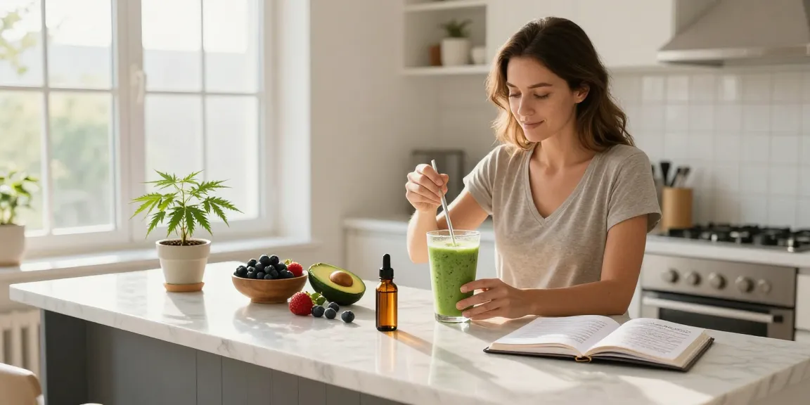 Comprar cbd online en la cocina, mostrando productos de bienestar natural como aceite de CBD y planta de cáñamo.