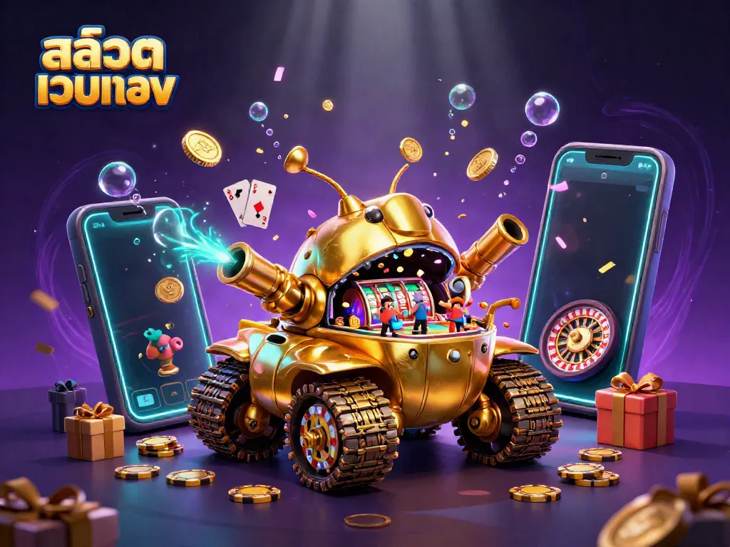 Experience the excitement of สล็อตเว็บตรง with an interactive 3D casino scene bursting with game elements.