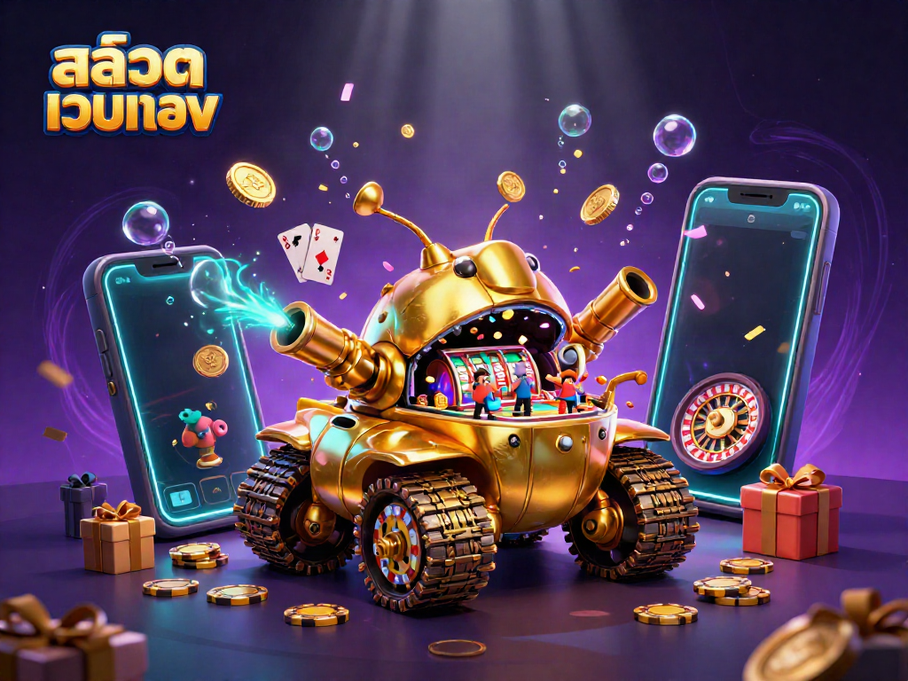 Experience the excitement of สล็อตเว็บตรง with an interactive 3D casino scene bursting with game elements.
