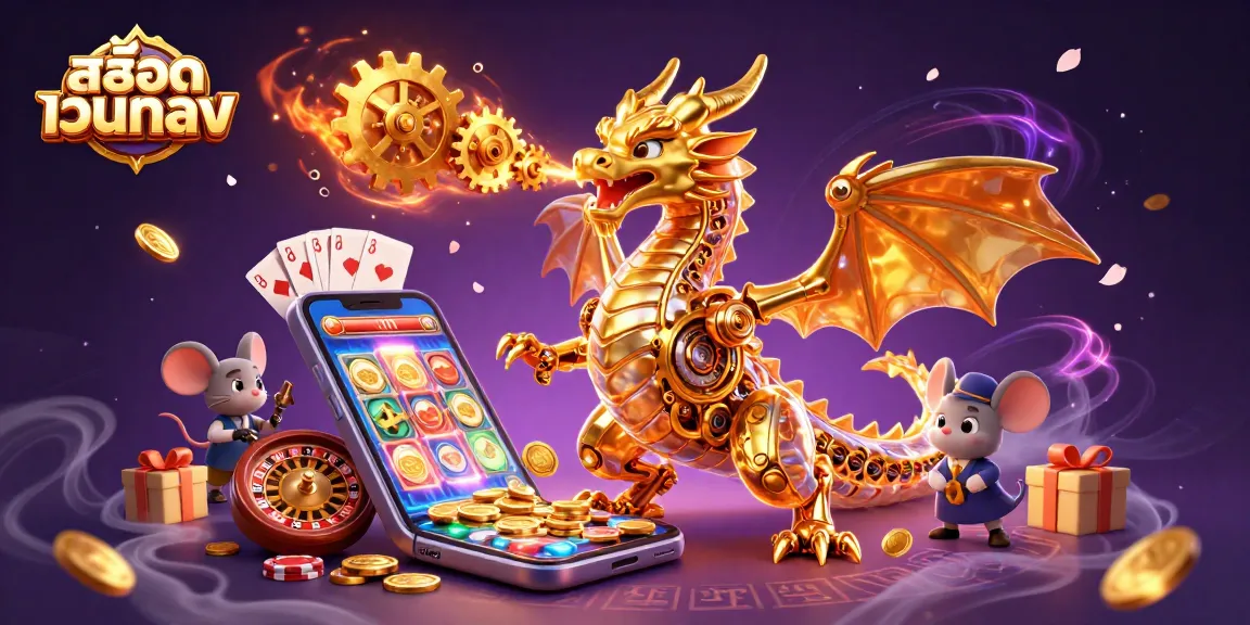 Engage with สล็อตเว็บตรง through vibrant 3D illustration showcasing immersive gaming elements and golden dragon.