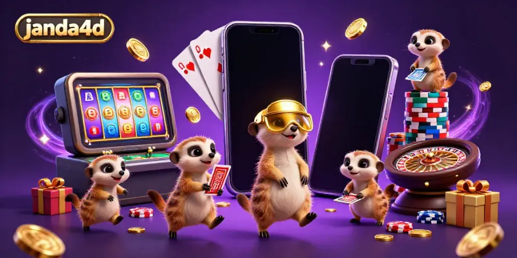 Janda4D menghadirkan kasino virtual yang penuh warna dengan meerkat mengoperasikan permainan dan chip yang bertebaran.