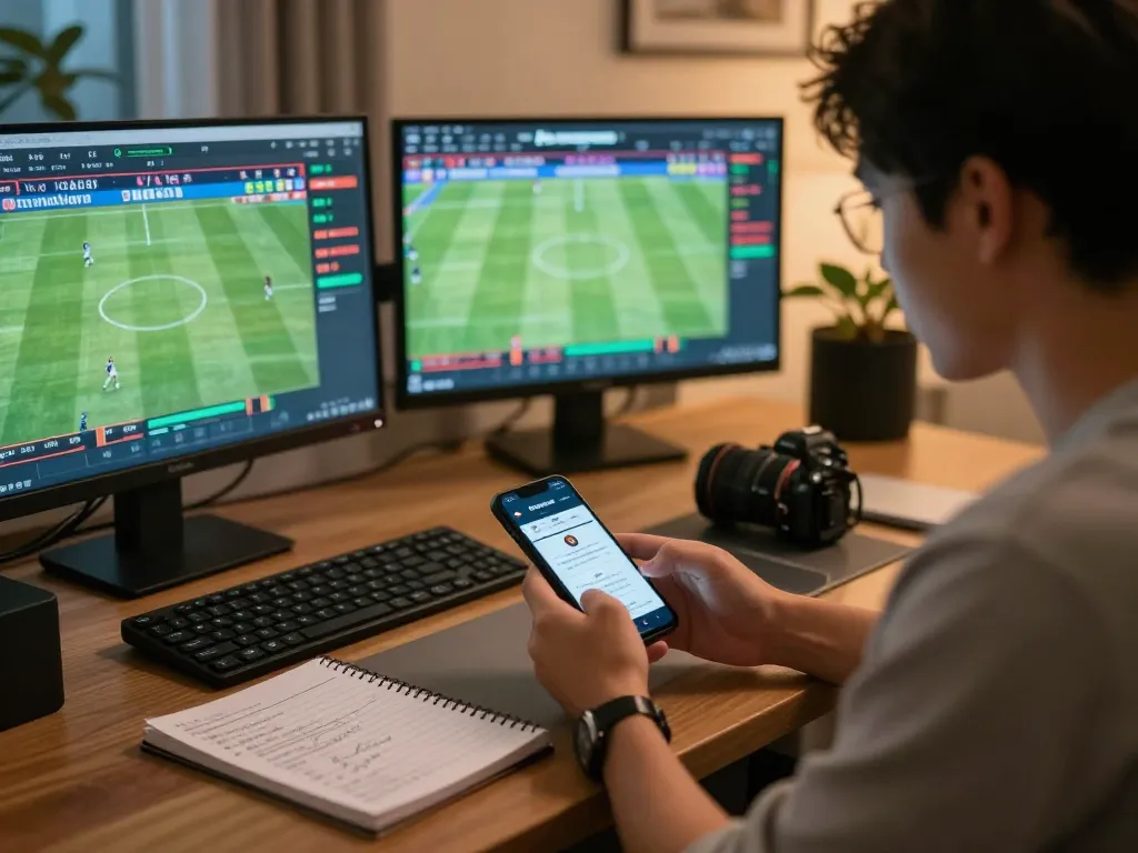 Engaged bettor placing bets on keonhacai platform while analyzing football odds.