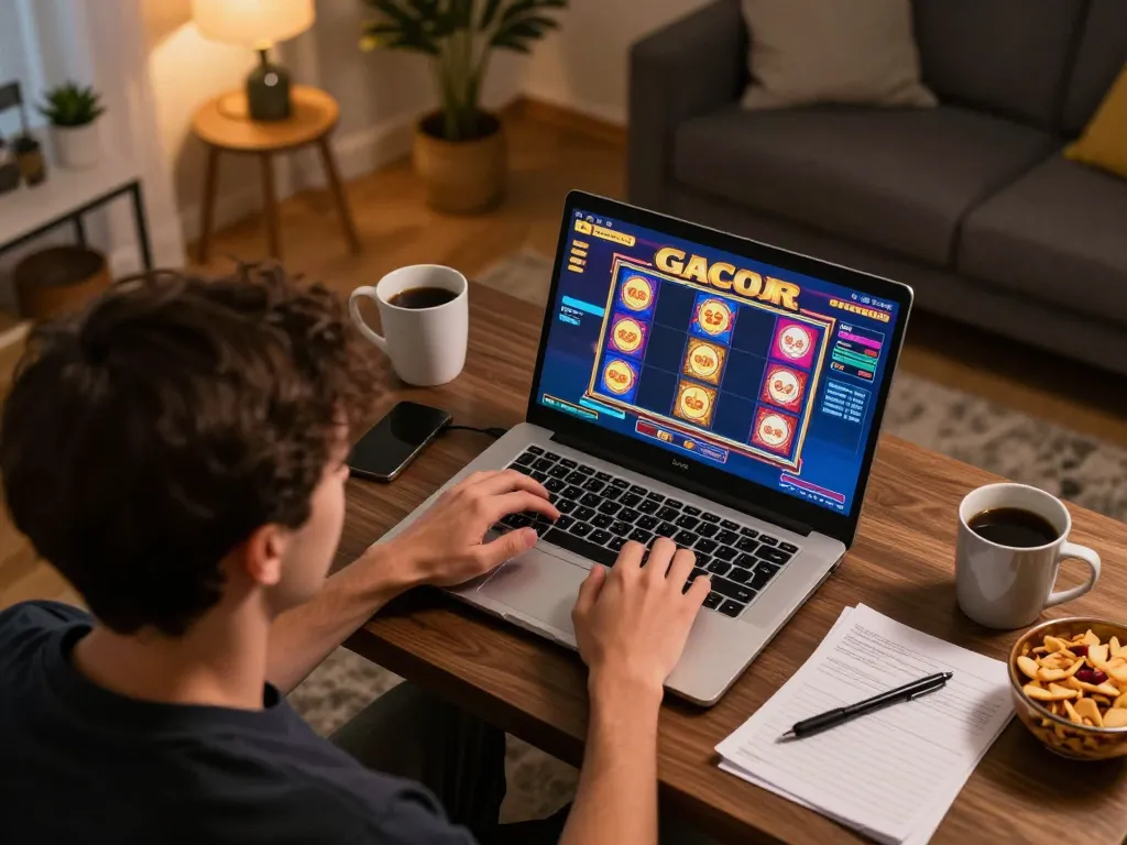 Engaging scene of a player enjoying slot gacor online with focused expression in a cozy home setting.