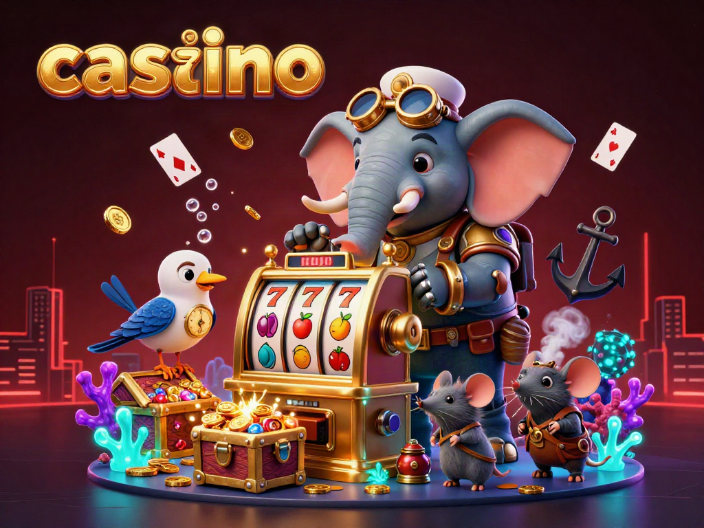Experience a vibrant casino scene with a steampunk elephant engineer operating a golden slot machine in a dynamic underwater world.