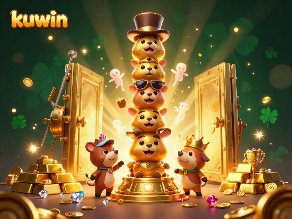 Kuwin's vibrant casino scene features a golden totem pole, treasure vault, and sparkling game elements.