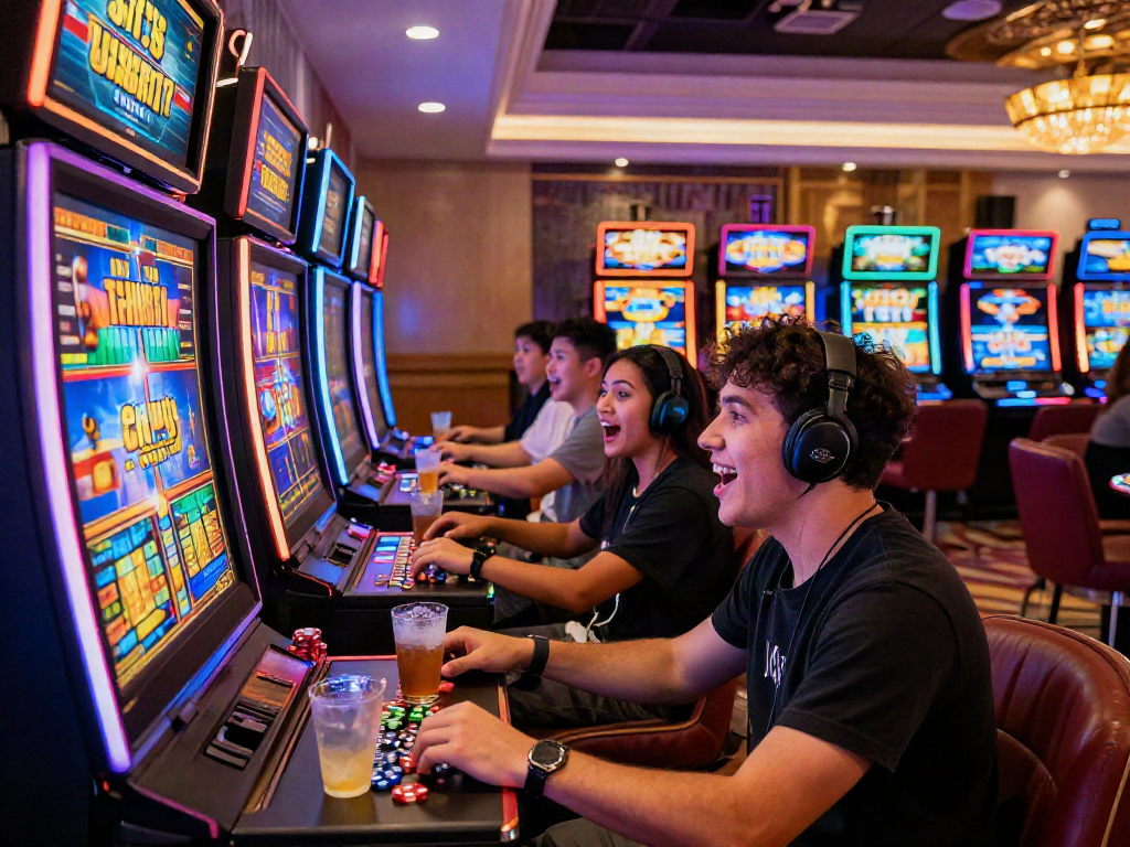 Situs LUXURY111 saat permainan judi slot dengan suasana kasino mewah yang semarak.