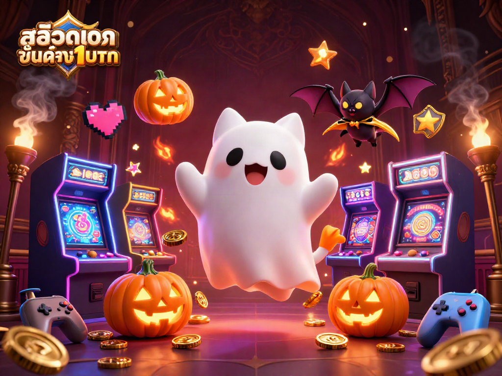 Experience thrilling wins with สล็อตฝากขั้นต่ำ1บาท in a vibrant haunted casino scene.