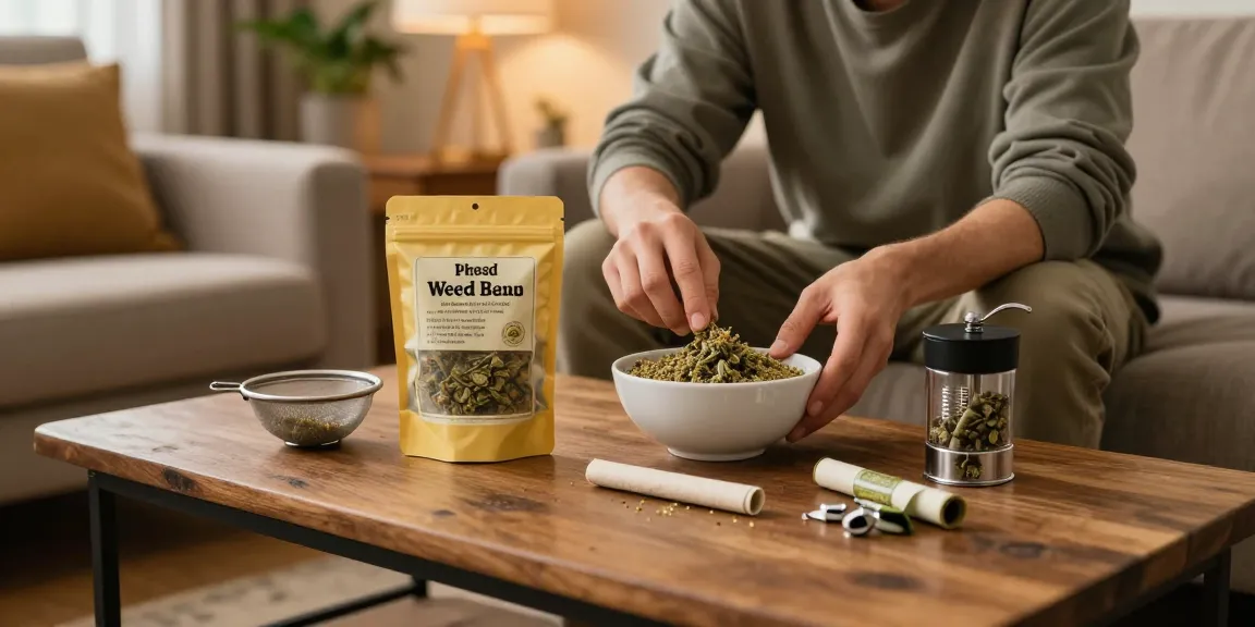 Enjoying weed shake for sale while preparing to smoke in a cozy living room setup.
