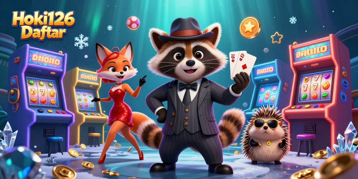 Play at Hoki126 Daftar with a suave raccoon, fox lady, and hedgehog in a lively casino setting.