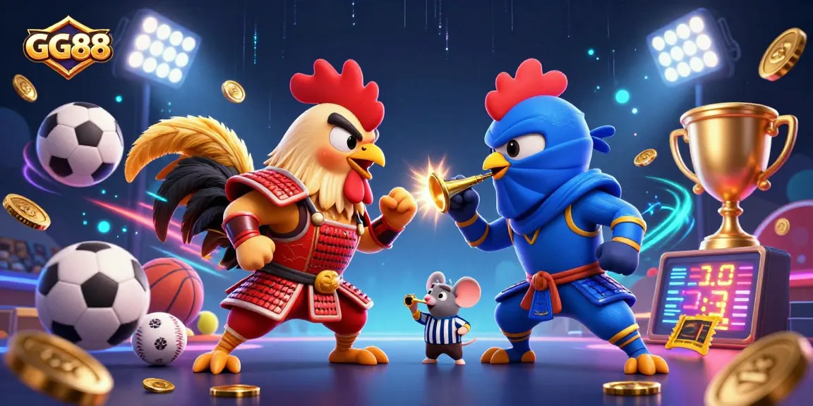 GG88 features exhilarating twin roosters in dramatic combat amidst flying sports elements.