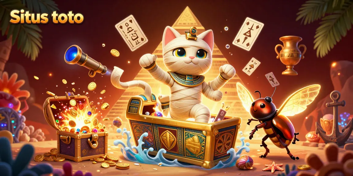Experience Situs toto excitement with glowing treasures and vibrant characters in a pyramid casino.