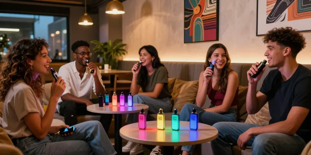 Enjoying Hitz infinity Gen 7 in a stylish urban vape lounge with friends.